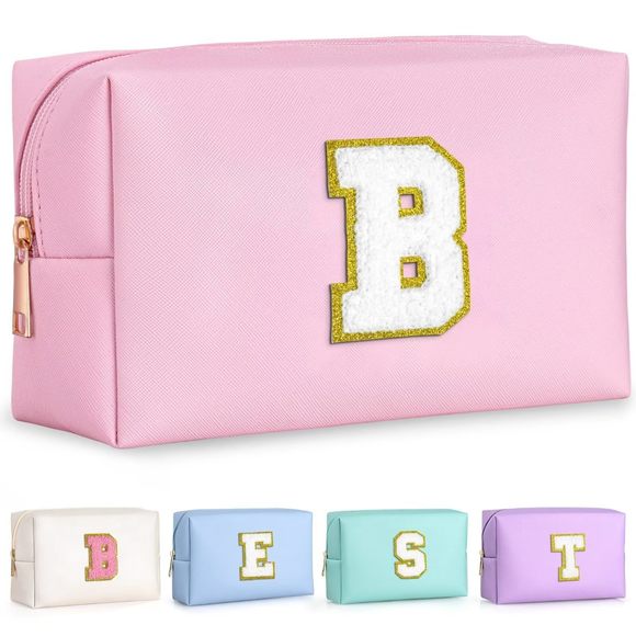 Preppy Patch Makeup Bag, Chenille Letter Pouch Cosmetic Bag, Pu Leather🐠 - Picture 1 of 7